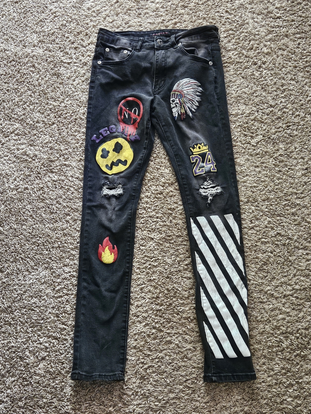M.Society Men's Black Skinny Patchwork Jeans Embroidered Patches Size 30×32
